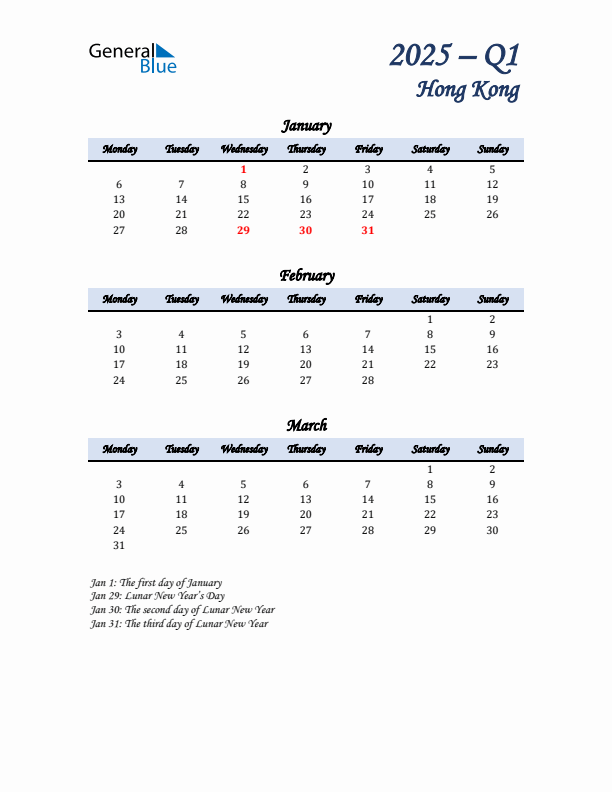 January, February, and March Calendar for Hong Kong with Monday Start