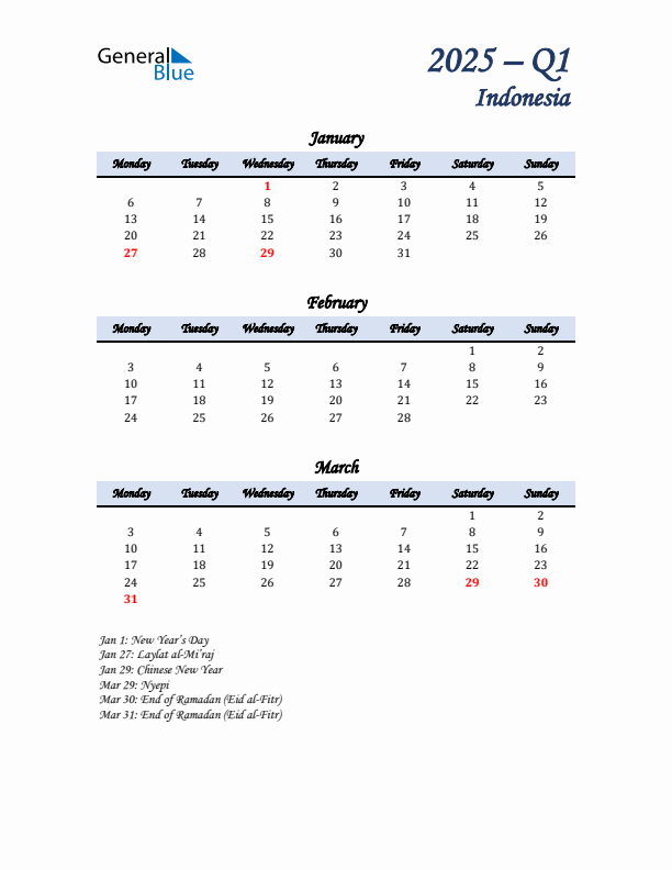 January, February, and March Calendar for Indonesia with Monday Start