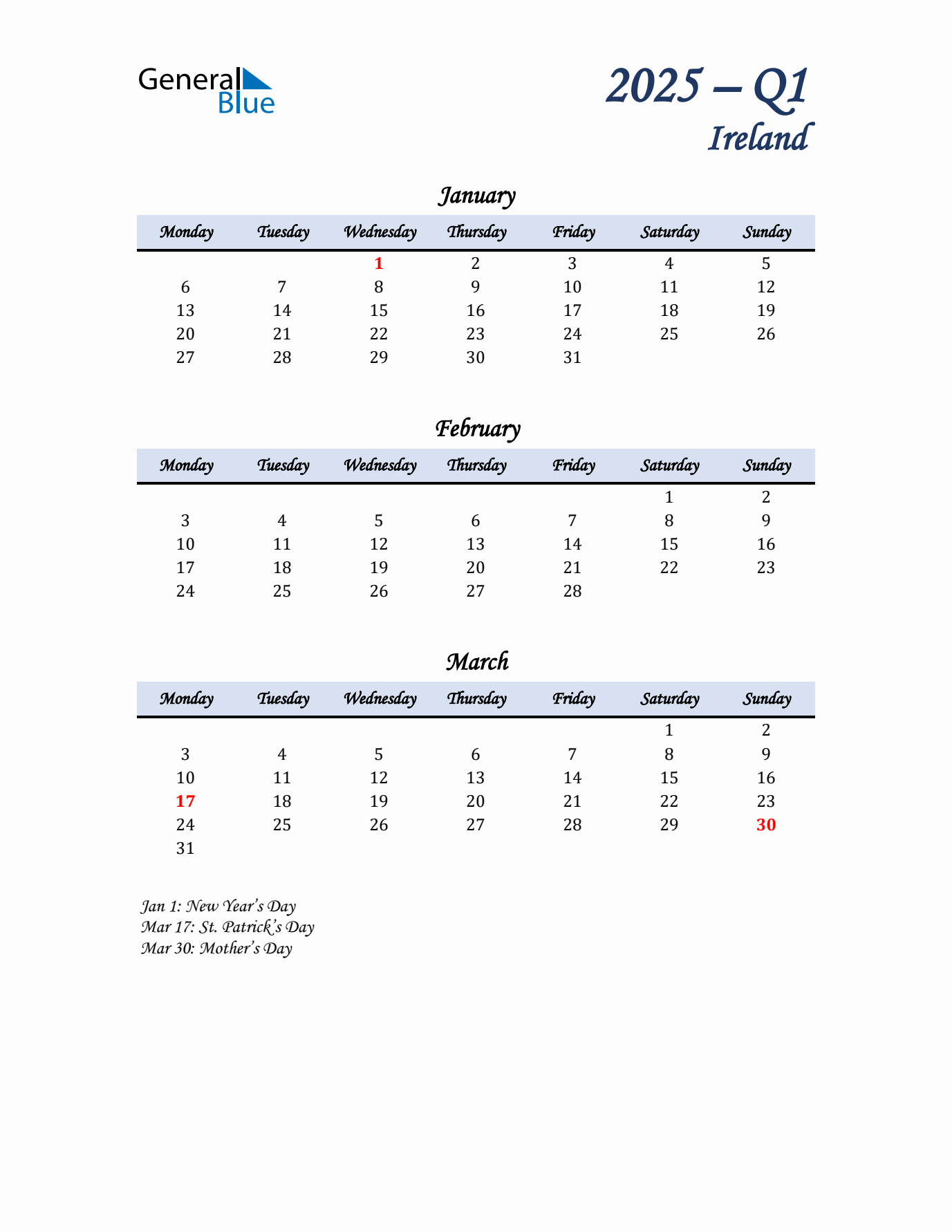 January, February, and March Calendar for Ireland with Monday Start