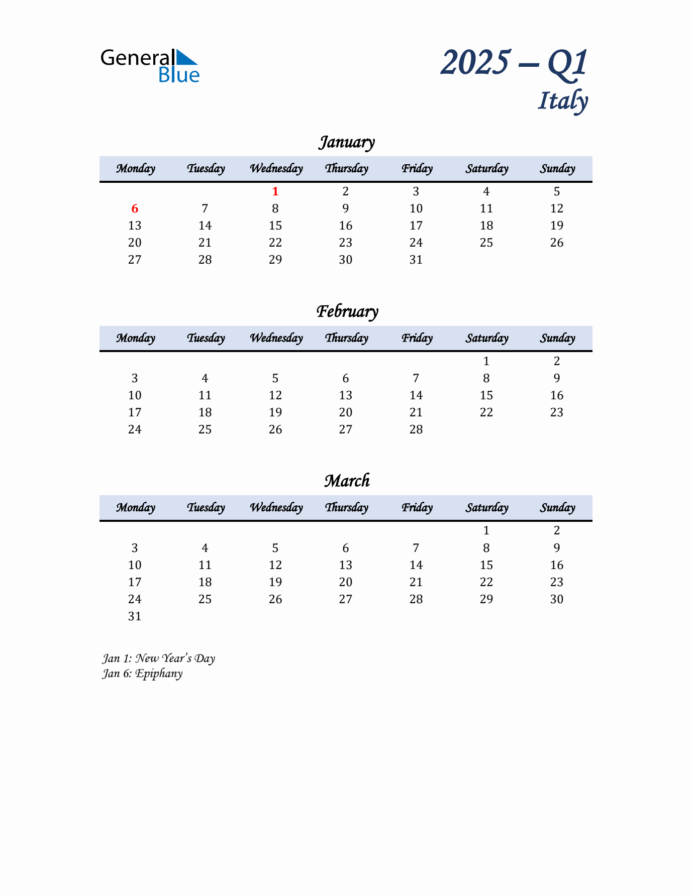 January, February, and March Calendar for Italy with Monday Start