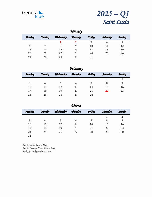 January, February, and March Calendar for Saint Lucia with Monday Start