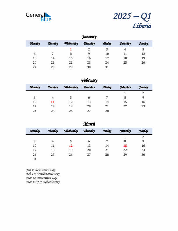 January, February, and March Calendar for Liberia with Monday Start