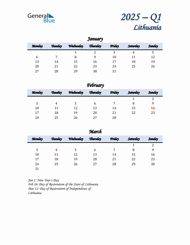 January, February, and March Calendar for Lithuania with Monday Start