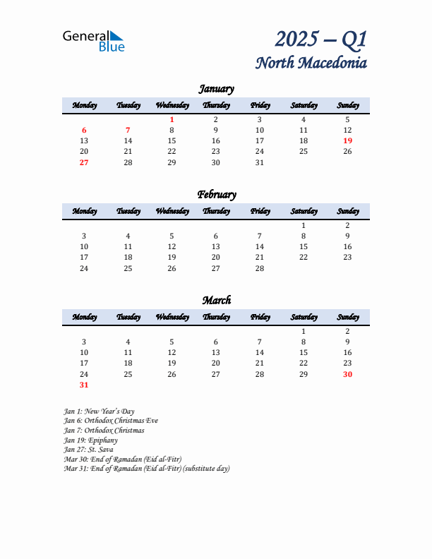 January, February, and March Calendar for North Macedonia with Monday Start