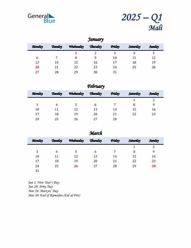 January, February, and March Calendar for Mali with Monday Start