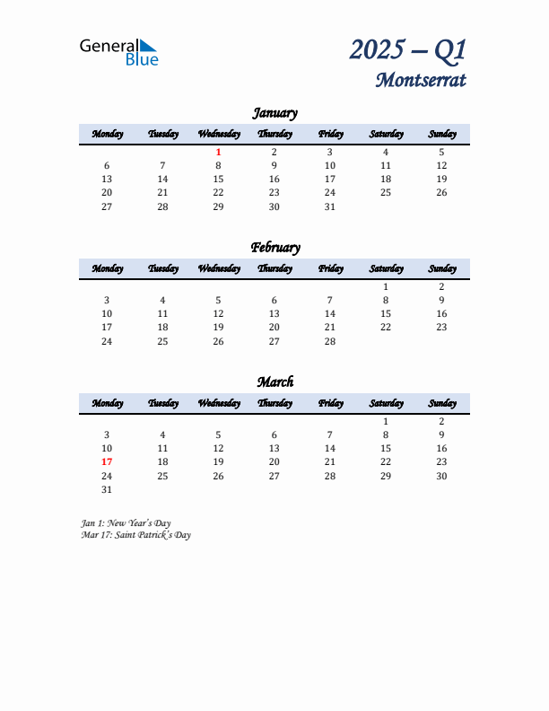 January, February, and March Calendar for Montserrat with Monday Start