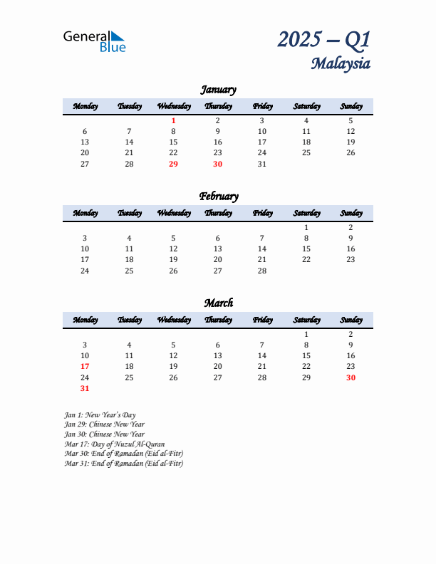 January, February, and March Calendar for Malaysia with Monday Start