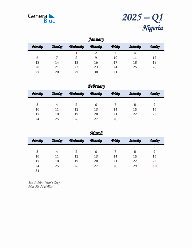 January, February, and March Calendar for Nigeria with Monday Start