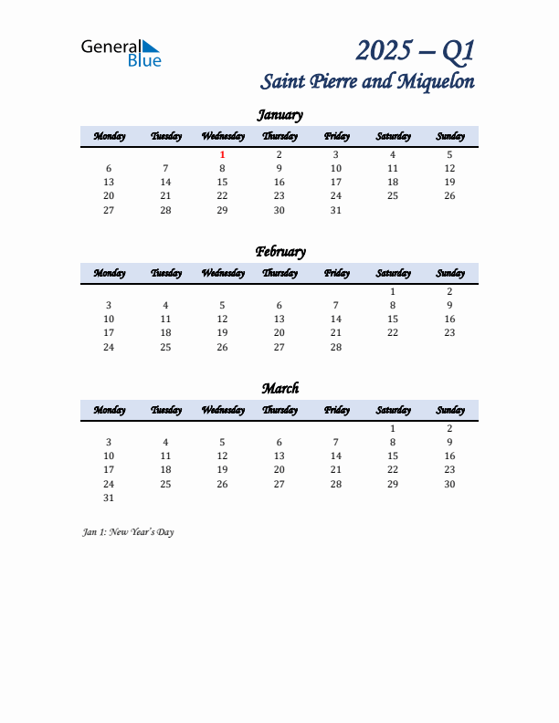 January, February, and March Calendar for Saint Pierre and Miquelon with Monday Start