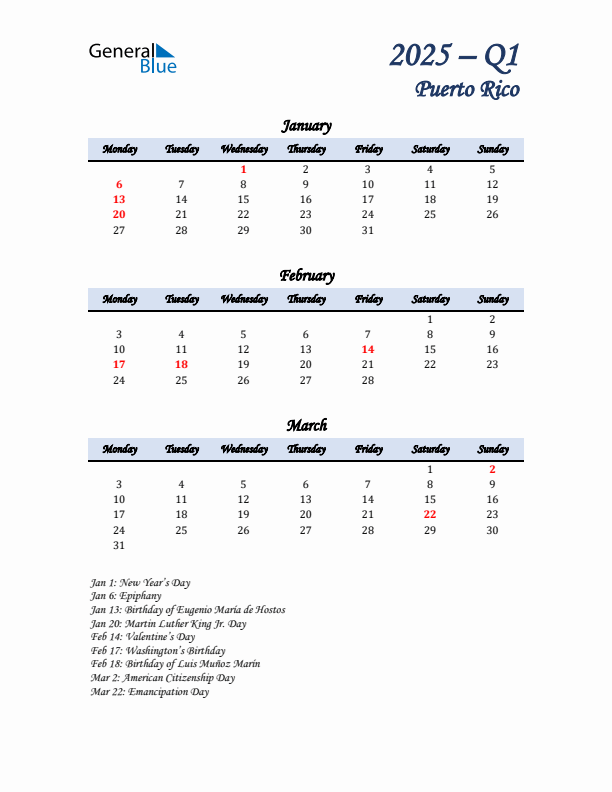 January, February, and March Calendar for Puerto Rico with Monday Start