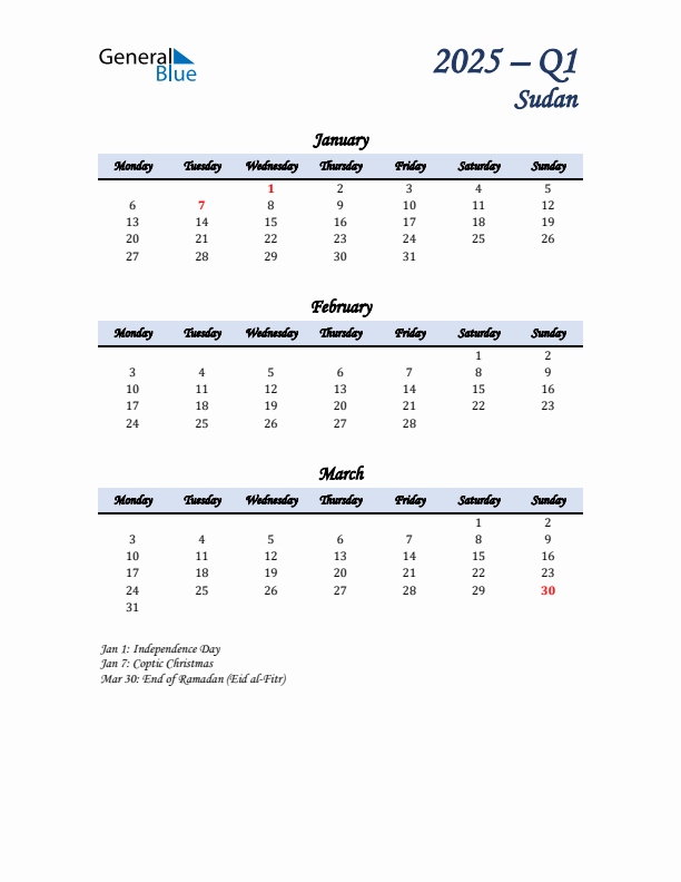 January, February, and March Calendar for Sudan with Monday Start