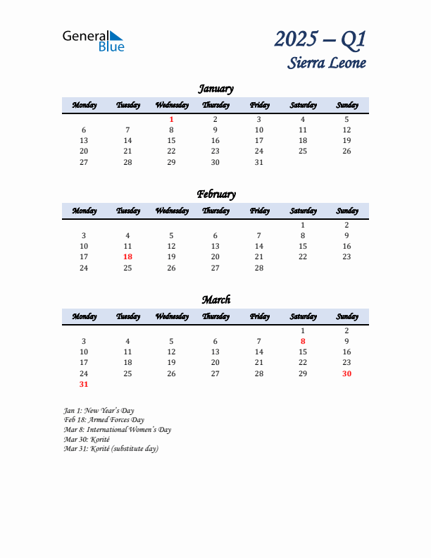 January, February, and March Calendar for Sierra Leone with Monday Start