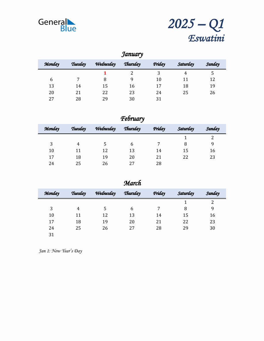 January, February, and March 2025 Calendar for Eswatini - Monday Start
