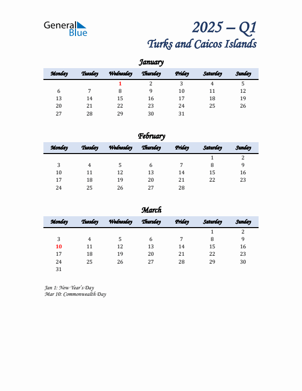 January, February, and March Calendar for Turks and Caicos Islands with Monday Start