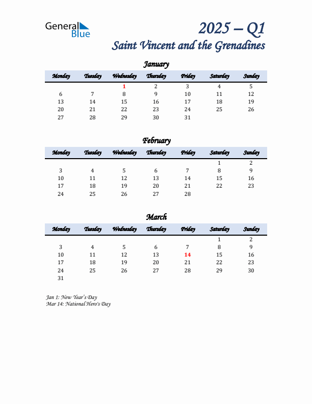 January, February, and March Calendar for Saint Vincent and the Grenadines with Monday Start
