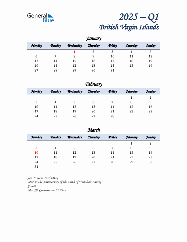 January, February, and March Calendar for British Virgin Islands with Monday Start