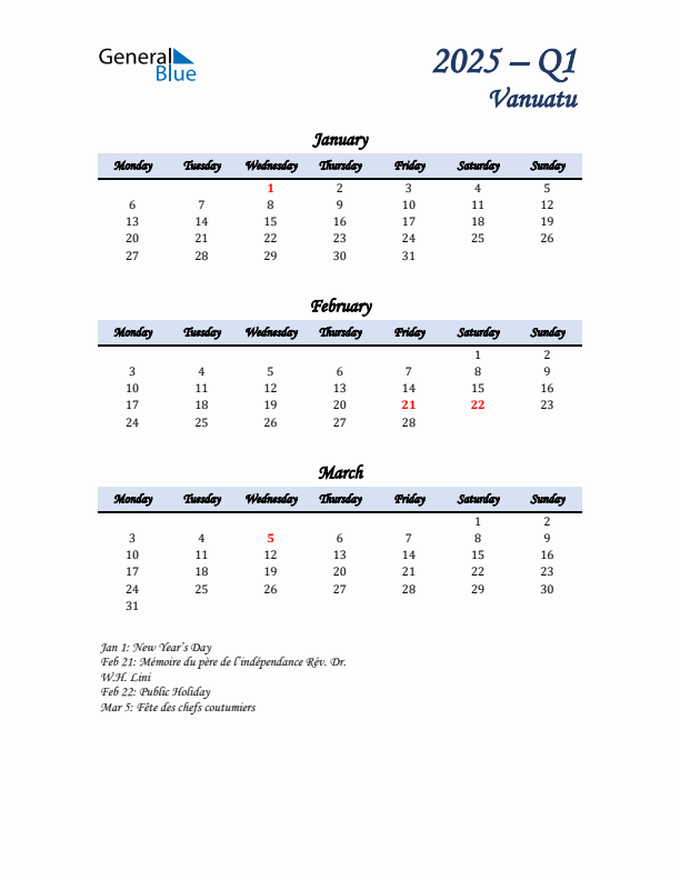 January, February, and March Calendar for Vanuatu with Monday Start