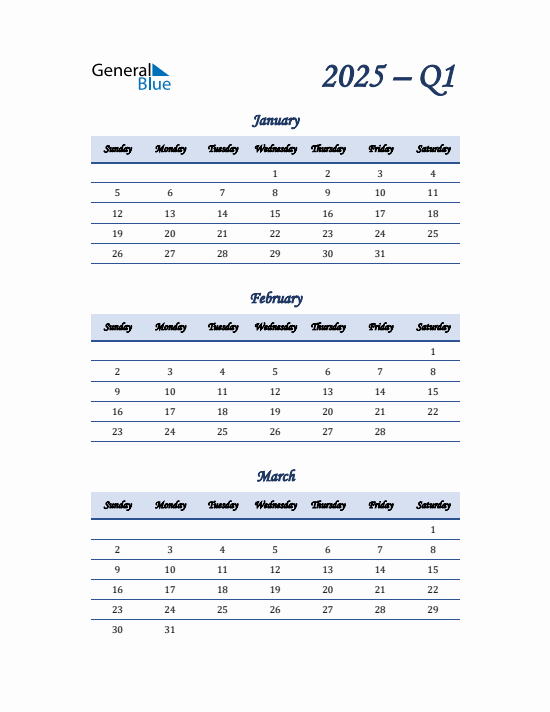 Quarter 1 2025 calendar template