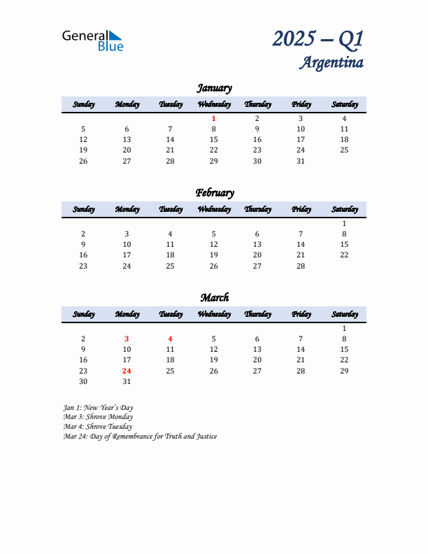 January, February, and March Calendar for Argentina with Sunday Start