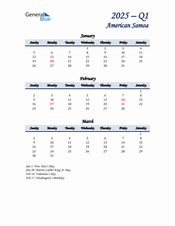 January, February, and March Calendar for American Samoa with Sunday Start
