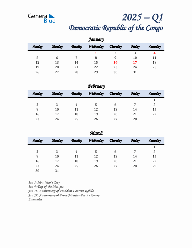 January, February, and March Calendar for Democratic Republic of the Congo with Sunday Start