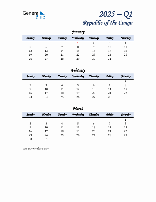 January, February, and March Calendar for Republic of the Congo with Sunday Start