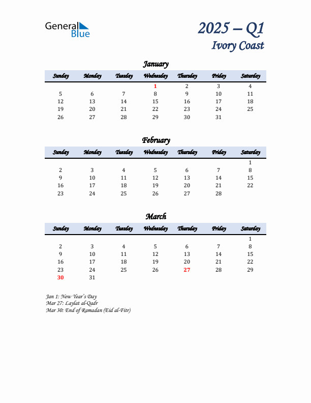 January, February, and March Calendar for Ivory Coast with Sunday Start