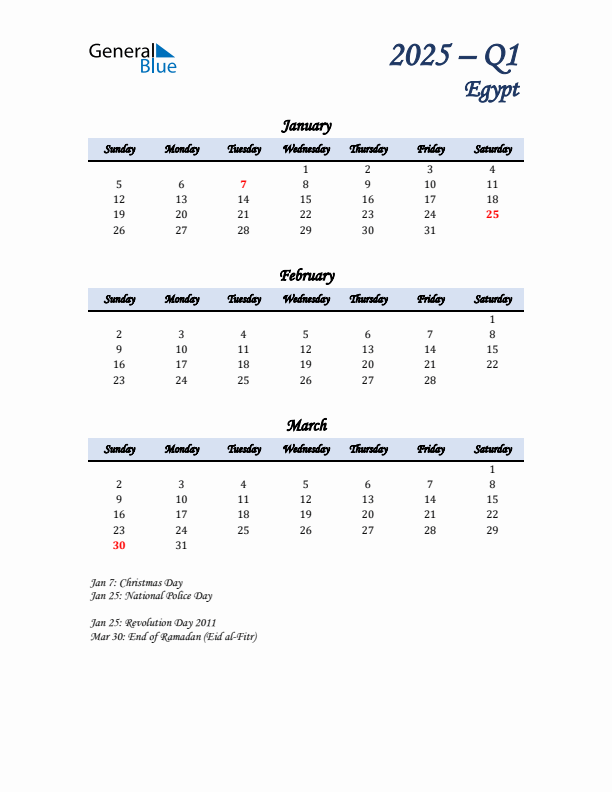 January, February, and March Calendar for Egypt with Sunday Start