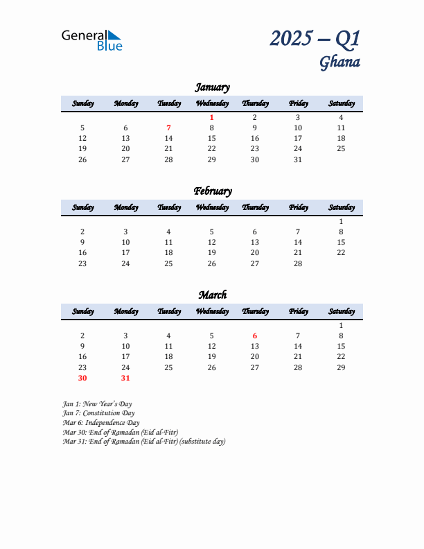 January, February, and March Calendar for Ghana with Sunday Start