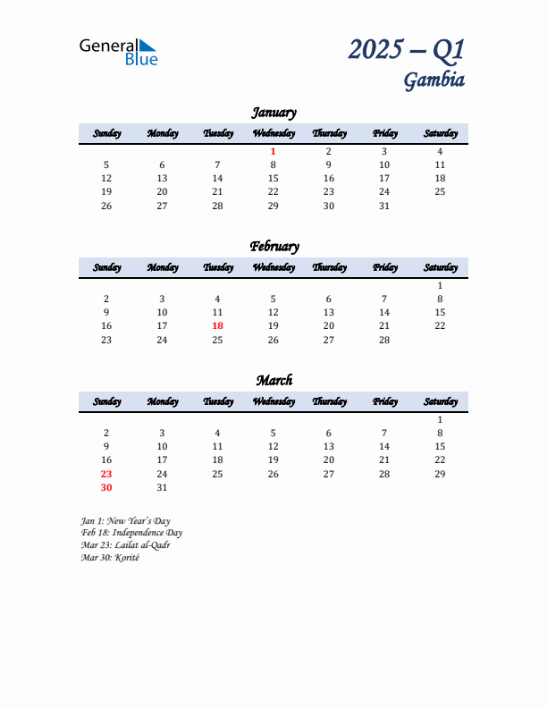 January, February, and March Calendar for Gambia with Sunday Start