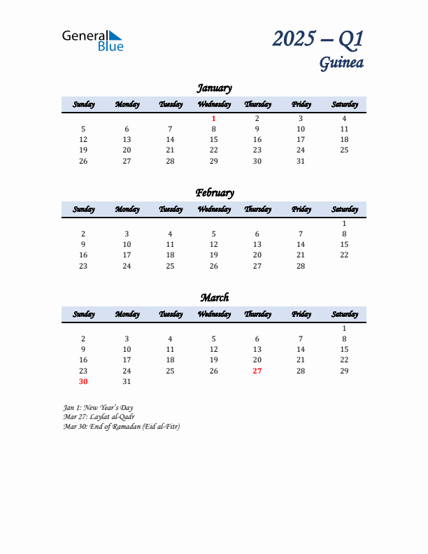 January, February, and March Calendar for Guinea with Sunday Start