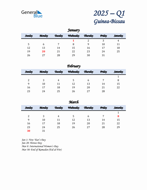 January, February, and March Calendar for Guinea-Bissau with Sunday Start