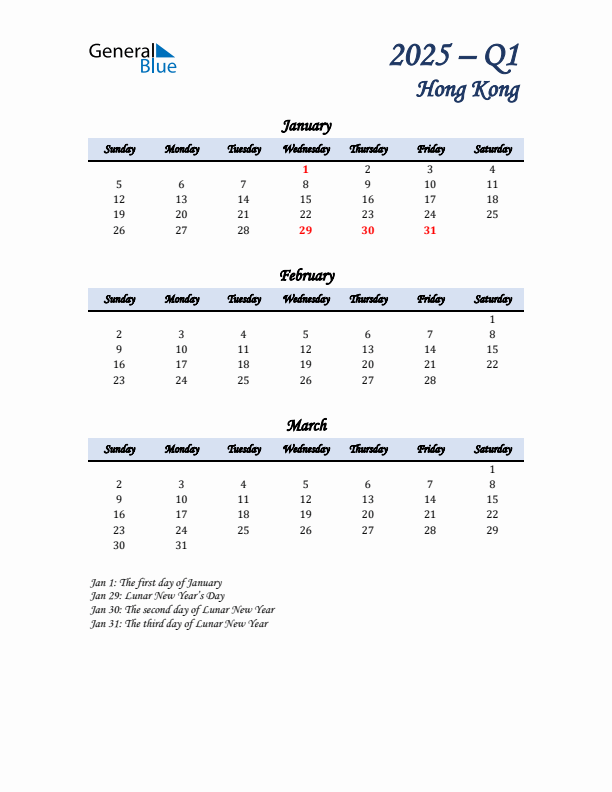January, February, and March Calendar for Hong Kong with Sunday Start