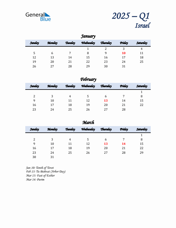 January, February, and March Calendar for Israel with Sunday Start