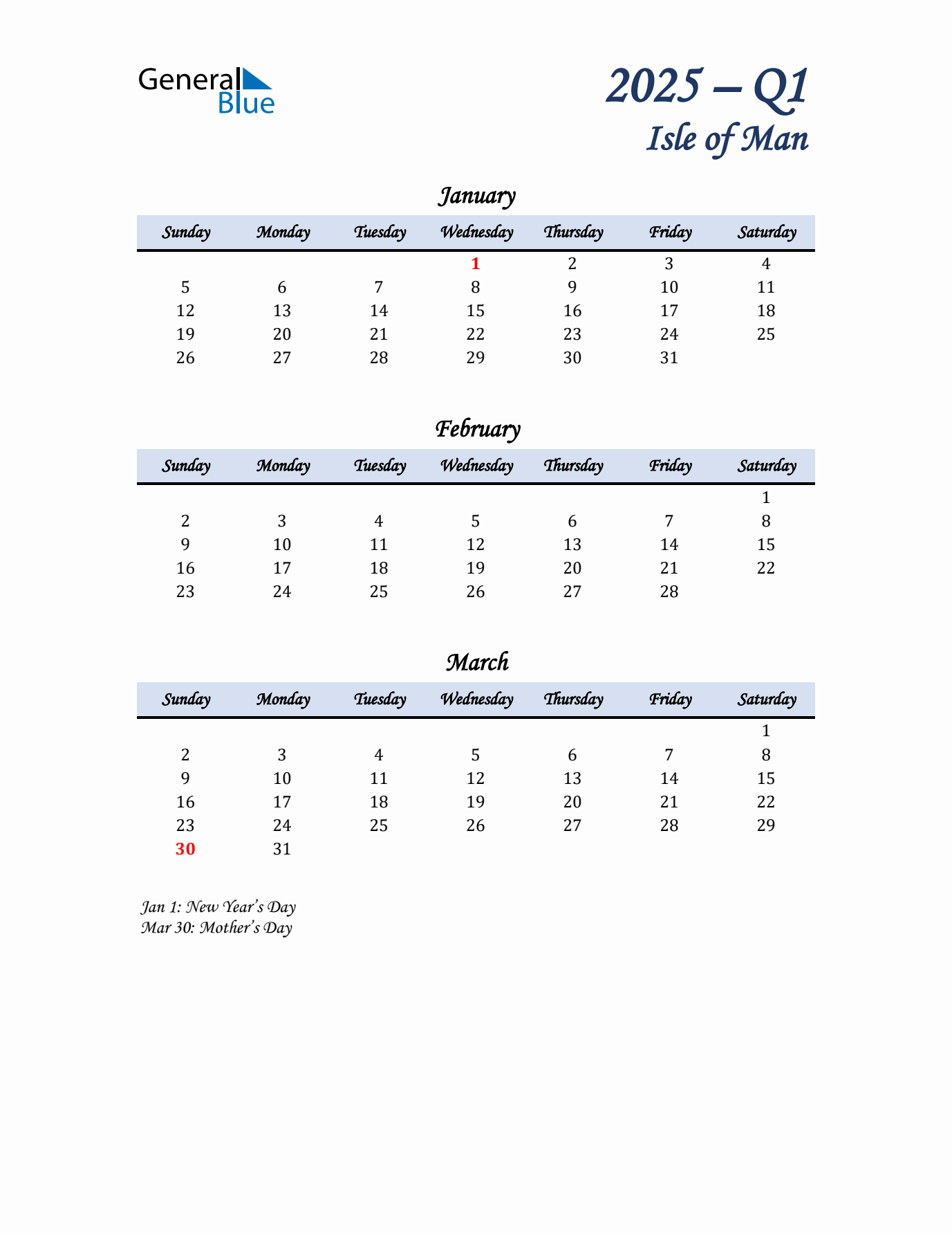 January, February, and March Calendar for Isle of Man with Sunday Start