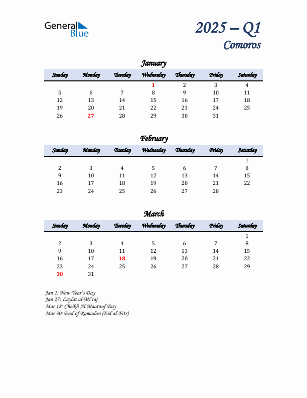 January, February, and March Calendar for Comoros with Sunday Start