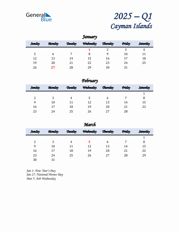 January, February, and March Calendar for Cayman Islands with Sunday Start