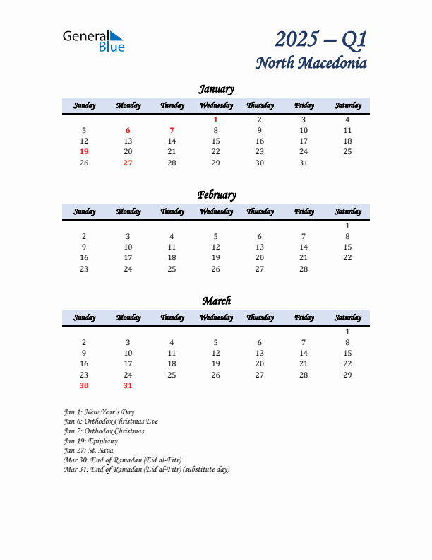 January, February, and March Calendar for North Macedonia with Sunday Start