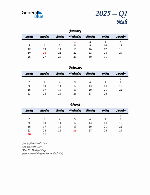 January, February, and March Calendar for Mali with Sunday Start