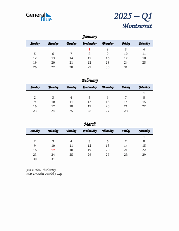 January, February, and March Calendar for Montserrat with Sunday Start