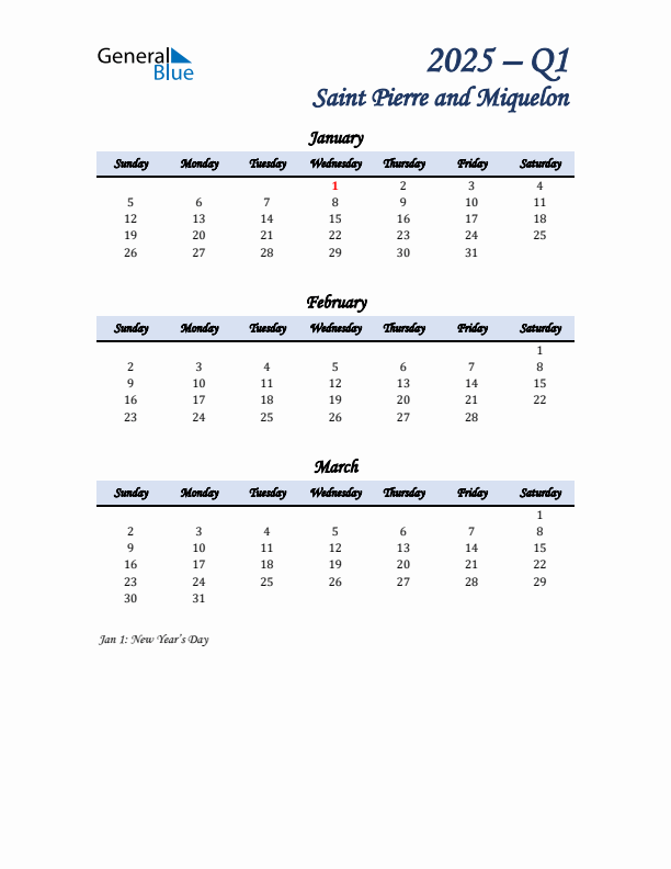 January, February, and March Calendar for Saint Pierre and Miquelon with Sunday Start