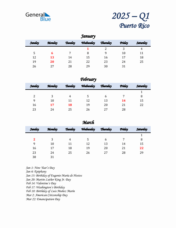 January, February, and March Calendar for Puerto Rico with Sunday Start