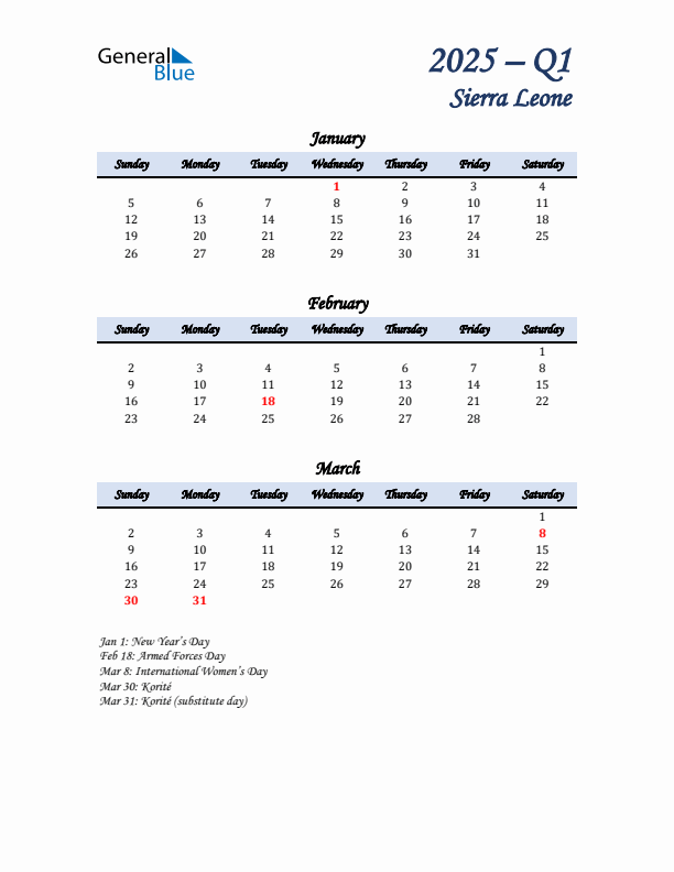 January, February, and March Calendar for Sierra Leone with Sunday Start