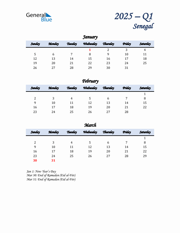 January, February, and March Calendar for Senegal with Sunday Start