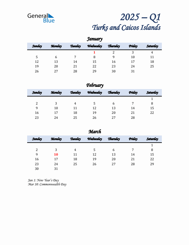 January, February, and March Calendar for Turks and Caicos Islands with Sunday Start