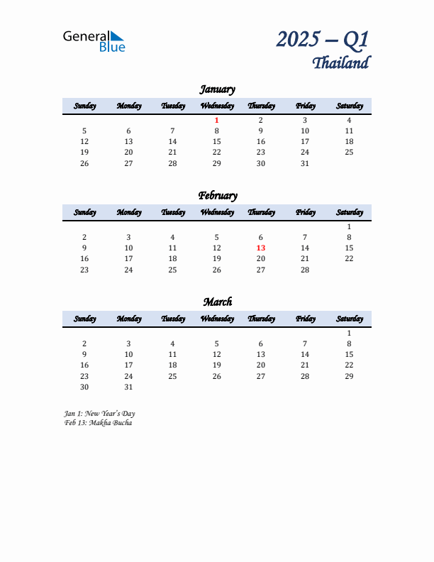 January, February, and March Calendar for Thailand with Sunday Start