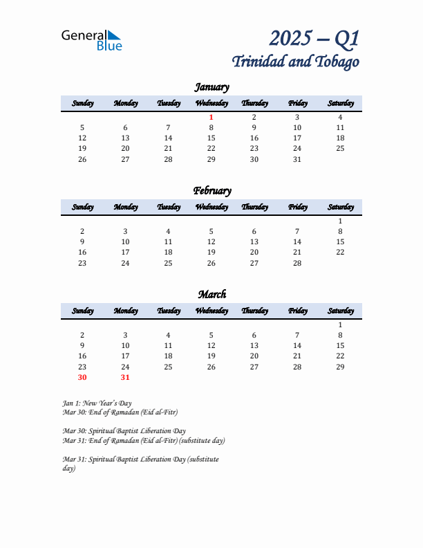 January, February, and March Calendar for Trinidad and Tobago with Sunday Start
