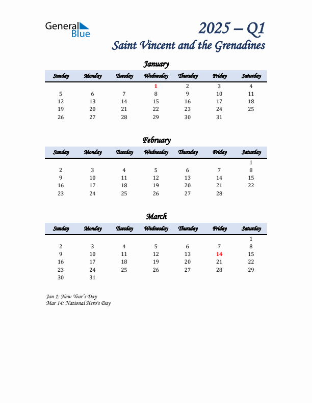 January, February, and March Calendar for Saint Vincent and the Grenadines with Sunday Start