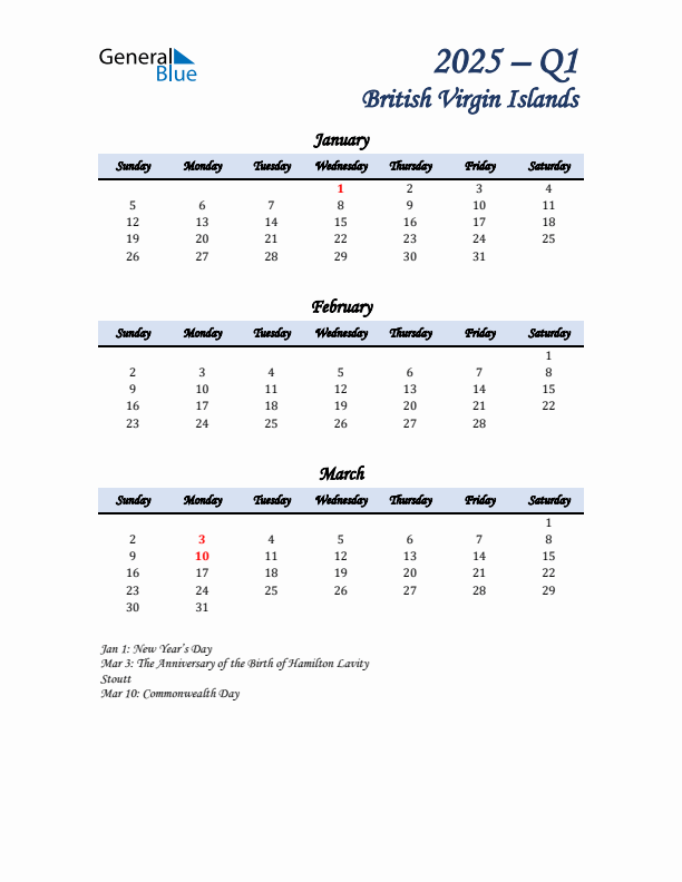 January, February, and March Calendar for British Virgin Islands with Sunday Start