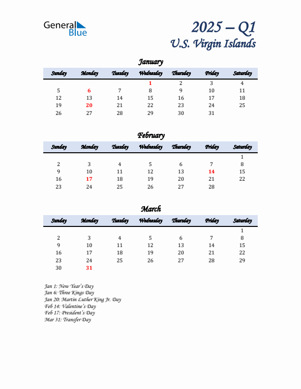 January, February, and March Calendar for U.S. Virgin Islands with Sunday Start